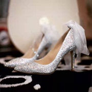 2021年公主水晶鞋浅口水钻绑带法式高跟鞋婚纱新娘婚鞋单鞋女
