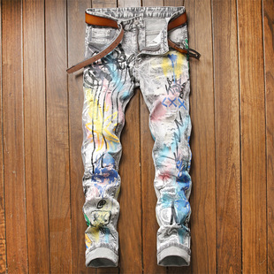 嘻哈青年潮牌泼墨水洗彩绘，涂鸦抽象印花牛仔长裤，小脚修身裤男女款