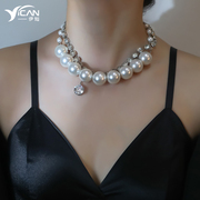 时髦水钻夸张项链女2023年锆石，珍珠锁骨链小众设计感欧美颈链