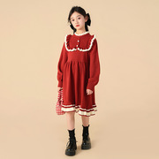 女童连衣裙秋冬季2023红色裙子中大童娃娃领毛衣裙儿童公主裙