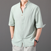 男士棉麻衬衫短袖，2024年薄款七分袖衬衣，夏季亚麻休闲青年男装