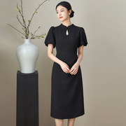 夏季气质黑色收腰旗袍女灯笼短袖新中式连衣裙改良设计国风裙子