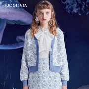 vjcolivia2023秋冬蓝色羊毛，针织撞色碎花灯笼，袖短款开衫女装