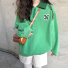 雀绿色卫衣加绒设计感小众字母，刺绣美式复古刺绣草绿色polo领外套