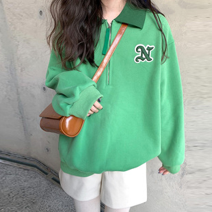 雀绿色卫衣加绒设计感小众字母刺绣，美式复古刺绣草绿色polo领外套