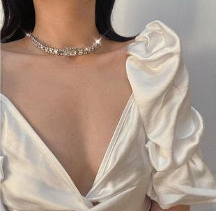 欧美法式小众设计镶钻闪钻大宝石choker锁骨颈链，网红气质简约项链