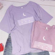文艺范紫粉色宽松短袖，t恤女夏韩版大码休闲打底衫，上衣女一件