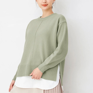 出口日本外贸秋冬季浅绿色侧开衩前短后长圆领套头长袖毛衣针织衫