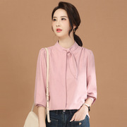 韩版系带复古时尚洋气粉色，长袖衬衫上衣女2024春季衬衣小衫b0696