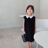 韩国童装2021夏季日系娃娃领拼接百褶雪纺女童无袖连衣裙 洋装裙
