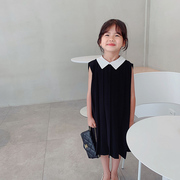 韩国童装2021夏季日系娃娃，领拼接百褶雪纺，女童无袖连衣裙洋装裙