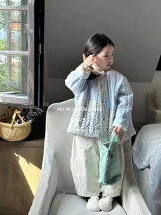 韩系女童棉服2023洋气蓝色碎花拼接显白森系加绒加厚保暖棉服