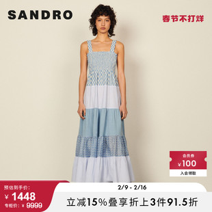 SANDRO Outlet女装抽褶印花荷叶边下摆拼接吊带连衣裙SFPRO02416