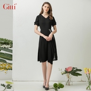 Gitti/吉蒂时尚V领花边修身显瘦条纹拼接大码雪纺连衣裙G211286