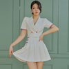 2024夏季两件套韩版修身西装领上衣拼接百褶小短裙套装