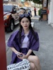 xiaoanqi美式街头牛仔短袖外套，半身裙套装复古港风裙子紫色a字女