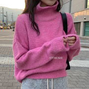 韩国gr081日常百搭~复古玫粉色宽松高领，长袖毛衣rd