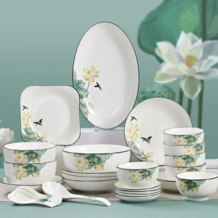 碗碟套装家用轻奢新中式陶瓷器，吃饭碗盘组合欧式釉中彩餐具套装
