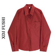 韩风chic设计感显白气质(白气质，)玫红色衬衫，女早春叠穿内搭长袖上衣