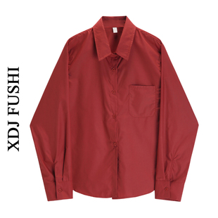 韩风chic设计感显白气质(白气质)玫红色，衬衫女早春叠穿内搭长袖上衣