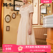 m-star明星系列夏季短袖法式复古方，领提花连衣裙，女高腰气质公主裙