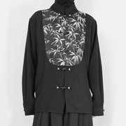 秋季黑色衬衣小众设计师复古新中式立领休闲茶服宽松长袖衬衫