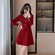 秋冬红色长袖连衣裙2024小个子女百搭减龄收腰显瘦打底中长裙