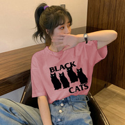 韩版卡通字母猫咪印花2023夏季粉色短袖T恤女纯棉宽松减龄上衣ins