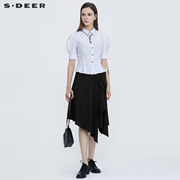 sdeer圣迪奥女装，夏半身裙个性拼接不规则高级感黑色长裙s21281147