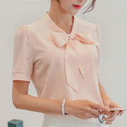 彩黛妃2024春夏韩版女装，修身大码纯色打底衫，短袖衬衫女雪纺衫