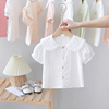 女童蕾丝翻领短袖衬衫夏季婴儿，白色上衣宽松儿童衬衣女宝宝打底衫