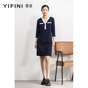 Yifini/易菲七分袖V领宽松连衣裙女春秋通勤针织裙中长款