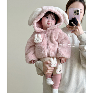 婴幼儿兔耳朵连帽毛毛加厚外套冬季韩版女宝宝可爱加绒保暖上衣
