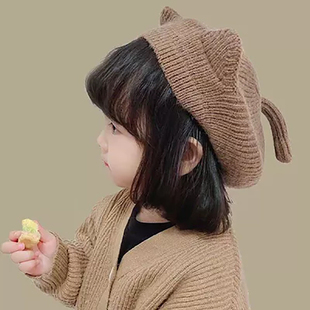秋冬儿童纯色宝宝护耳贝雷帽针织小角尾巴毛线帽子男女童保暖帽子