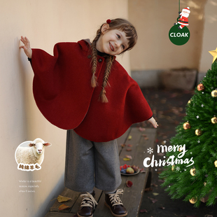 女童纯绵羊毛手工双面呢新年红圣诞百搭斗篷宝宝冬季洋气披风潮