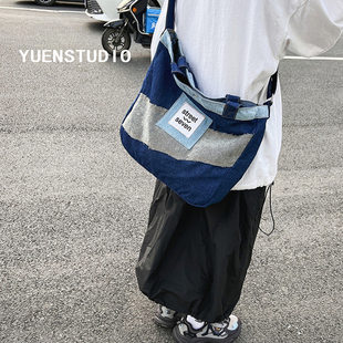 yuen日系慵懒风大容量手提托特包男女(包男女)个性，牛仔布拼接斜挎包购物包