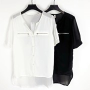 H2013夏简约气质拉链装饰短袖上衣单排扣透气前短后长雪纺衫
