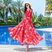 红色连衣裙夏季雪纺2024收腰显瘦气质大摆长裙波西米亚仙女裙