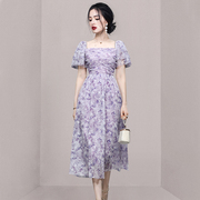 夏季女装2022气质法式紫色收腰显瘦印花纱裙连衣裙长裙裙子女