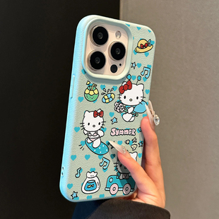 日韩卡通可爱薄荷绿Kitty适用苹果15promax手机壳iPhone14新款荔枝纹13趣味12皮质15Pro防摔14pro保护套女款
