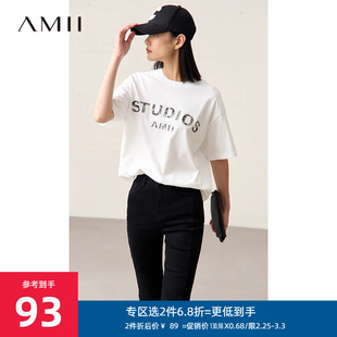 Amii2023夏季中长款上衣宽松休闲字母蕾丝全棉白色短袖T恤女