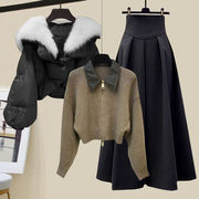 冬季穿搭一整套女2023大码棉服外套，皮领毛衣显瘦半身裙三件套