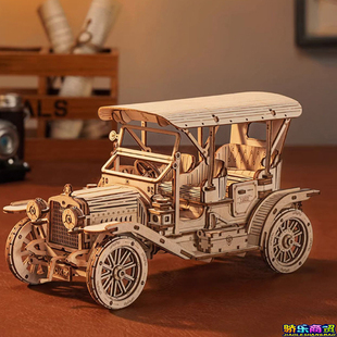 若态木质手工拼装模型，diy复古老爷车，蒸汽火车儿童成人高难度玩具