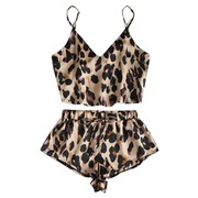 Leopard print suspenders pajamas女士豹纹印花吊带短裤睡衣套装