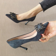 香港尖头高跟鞋女2023秋季性感，细跟水钻气质真皮黑色浅口单鞋