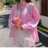 防晒衣衬衫女夏季女装宽松纯棉休闲长袖，粉色吊带外搭开衫衬衣