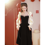 黑色小晚礼服纱袖平时可穿高端轻奢丝绒年会，主持人宴会冬季连衣裙
