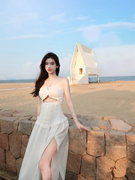 三亚海边度假沙滩裙仙女白色一字领露肩，抹胸连衣裙高开叉(高开叉)裹胸长裙