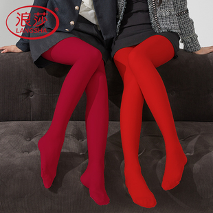 浪莎红色丝袜女连裤袜，秋冬结婚红丝袜本命年性感，时尚辣妹风打底裤