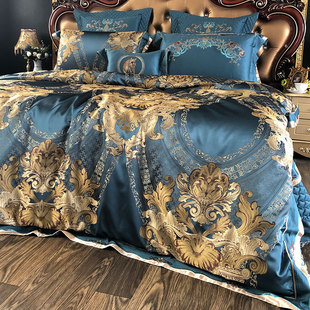 欧式奢华贡缎提花，床上用品四件套高档蓝色别墅，六八十多件套被套